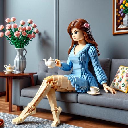expert Lego set, solo, absurdres, 1girl, breasts, gluteal fold, cute, hands, touching teacup, full body, feet, side view, teapot on table, 1female sitting on sofa, full sleeve dress, beautiful indoor background, vase, flower, couch, wall decoration, best quality, detailed image, 4k, 8k