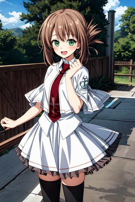 Kimika, green eyes, folded ponytail Kita school uniform, white skirt, red necktie, thighhighs