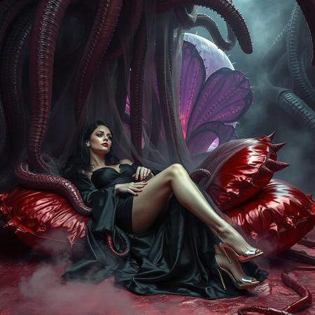 classy rich slender sultry alluring russian evil queen in black thin glossy satin   provocative slutty whorish  rich 1950s robe   and  glossy high heels, jewels, entangled in long tentacles, laying  reclined in weird red foil pillows, covered with giant ultrathin transparent glossy slime veils, under slimy tentacles canopy,  giant portal to outer space, fog from the floor, giant purple alien carnivorous flower with glossy spiked petals at background, weird alien hive slime walls and fleshy floor, horror, fashion look, hollywood, vogue makeup, long haired, ultrathin waisym reminiscent of H.R. Giger, Zdzisław Beksinski, and Ash Thorp's dark, sleek styles, with close-up glamour photography, glossy satin and silver heels glistening, fleshy slime dripping, and dark shadows.