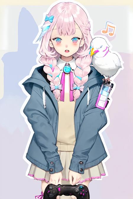 1girl, solo, blush, open mouth, blue eyes, shirt, long sleeves, bow, ribbon, holding, jacket, white shirt, upper body, pink hair, braid, food, shoes, collared shirt, hood, medium hair, neck ribbon, mask, bird, hood down, pink bow, blue jacket, loafers, musical note, microphone, hooded jacket, pink ribbon, multicolored eyes, ice cream, controller, shoes removed, game controller, yellow pupils,
 <lora:karohroka:1>