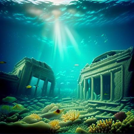 ((((hiperrealistic)))), ((((high quality)))), ((((underwater)))), ocean monument, (((ruined underwater city))), fishes, ((fish bank)), ((coral reef)), ((glowing beneath the waves)), UnSea