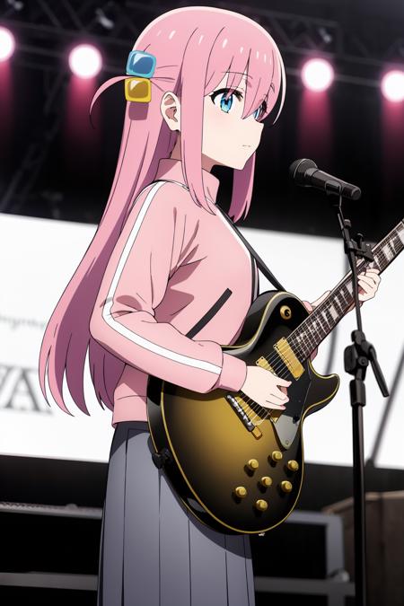 ((best quality)),((highly detailed)),masterpiece,absurdres,detailed face,beautiful face,(detailed eyes, deep eyes),1girl,((dynamic pose)) , <lora:BocchiLoraV1:0.7>, Bocchi, cube hair ornament, hair over eyes, instrument, long hair, pink hair, solo, electric guitar, hair ornament, jacket, holding instrument, guitar, skirt, track jacket, holding, gibson les paul, pink jacket, playing instrument, music, pants under skirt, one side up, long sleeves, grey skirt, blurry, pleated skirt, black skirt, blurry background, very long hair, standing, bangs, faceless female, pants, indoors, long skirt, faceless, leaning forward, plectrum, sidelocks, from side, track pants,((cowboy shot)), stage, backlights,