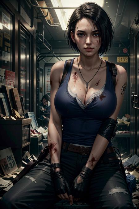 JillRE, 1girl, breasts, cleavage, jill valentine, large breasts, jewelry, dirty, black hair, necklace, pants, sweat, elbow pads, sitting, gloves, short hair, solo, tank top, dirty face, lips, realistic, shirt, parted lips, bare shoulders, blood
<lora:epi_noiseoffset2:1>,  <lora:JillRE:0.7>