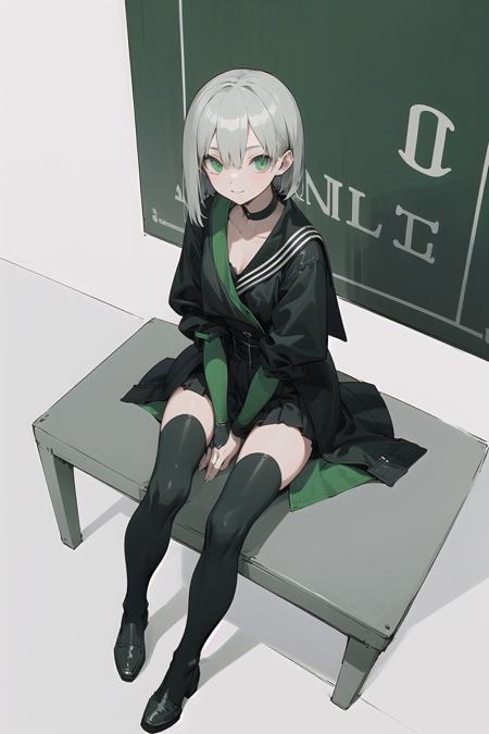 (masterpiece,best quality, detailed), indoors, looking at viewer, 1girl, solo, full body, from above, smile, sitting, wariza,
origin,symmetrical hand pose, 1girl, solo, skirt,  thighhighs, simple background, black skirt, sailor collar, pleated skirt, black gloves, green coat, closed mouth, hair between eyes, black sailor collar, short hair, <lora:JS05-pynoise:1>