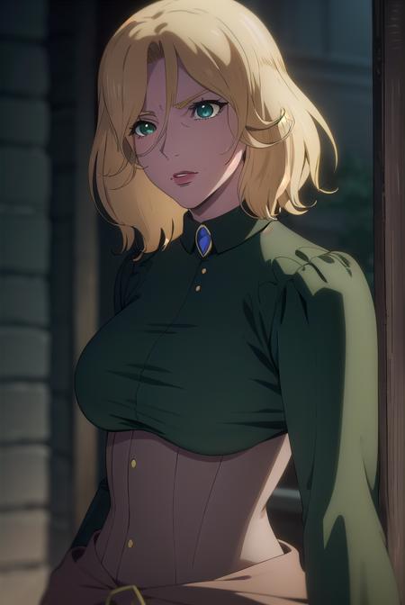 castlevaniatera, <lora:castlevaniatera-lora-nochekaiser:1>,
castlevaniatera, (green eyes:1.5), blonde hair, short hair, parted bangs, lipstick, red lipstick,
BREAK shirt, long sleeves, brooch, clothes around waist, black shirt, collar, corset,
BREAK looking at viewer, upper body, full body,
BREAK outdoors, night, sky,
BREAK <lyco:GoodHands-beta2:1>, (masterpiece:1.2), best quality, high resolution, unity 8k wallpaper, (illustration:0.8), (beautiful detailed eyes:1.6), extremely detailed face, perfect lighting, extremely detailed CG, (perfect hands, perfect anatomy),