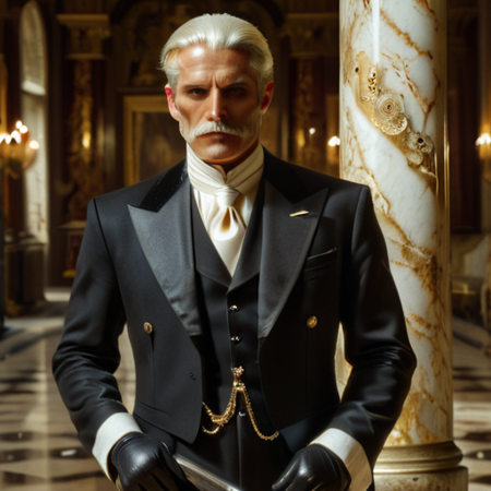 Hyperrealistic art <lora:DFOP-V3.0:1>1 man Sebastian, the loyal butler from Overlord, tall and imposing stature, broad shoulders, noble and dignified aura, perfectly groomed silver-white mustache that curves subtly downward, short silver-white hair with a neat fringe that frames his forehead elegantly, sharp and angular facial features, a clean-shaven beard area emphasizing his distinguished appearance, piercing golden eyes radiating wisdom and strength, wearing a meticulously tailored black suit, black shirt, and a crisp white cravat, pristine white gloves, standing in an opulent hall with grand marble pillars and ornate decor, his posture upright and composed, exuding an air of calm authority, faint aura of power, dynamic lighting, cinematic style, masterpiece, best quality, newest, absurdres, highres, DFOP-V3.0, oil painting, anime art style, high detail . Extremely high-resolution details, photographic, realism pushed to extreme, fine texture, incredibly lifelike