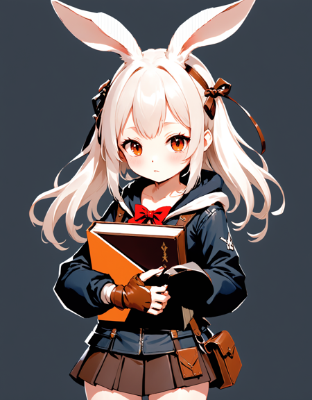 Concept art in Anime style, rabbit-eared girl clutching a leather-bound book