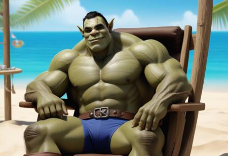 wowrcs, orc face, gentle smile, swole vein body, swimsuit, bulgue, hairy, slightly hairy, handsome like a gigachad, orc tusk, rest in the chair, beach, cartoon cgi style
