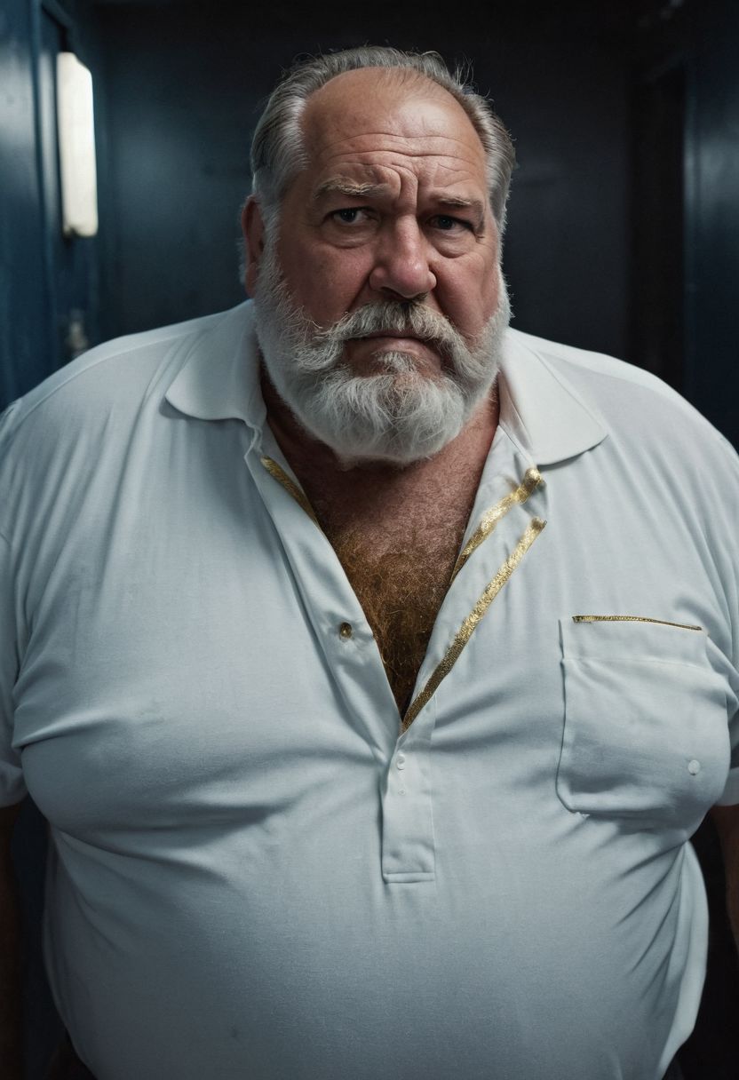 Hairy chest, nipple bump in shirt, (photo, realistic, raw), (nighttime, at night, dark, dark hard shadows, cinematic atmosphere, movie grain, hazey atmosphere), pov side below, old man having intense orgasm, sex pov, cinematic atmosphere, hazey, dark hard shadows, nighttime, on a dark spaceship corridor, old big chubby man, goatee, shaved shaven cheeks, tanned skin, open blue white polo shirt, massive fat chest, hairy chest, big hairy pecs, small gold earring, golden glowing eyes, celestial being, exhausted expression, drooling, angelic, loving caring gentle expression, eyes glowing with holy light, eyes emitting holy yellow light, divine godlike spirit, welcoming pose, leaning forward close to camera, looking into viewers soul, ((extremely chubby hairy chest, old man's hairy chest))