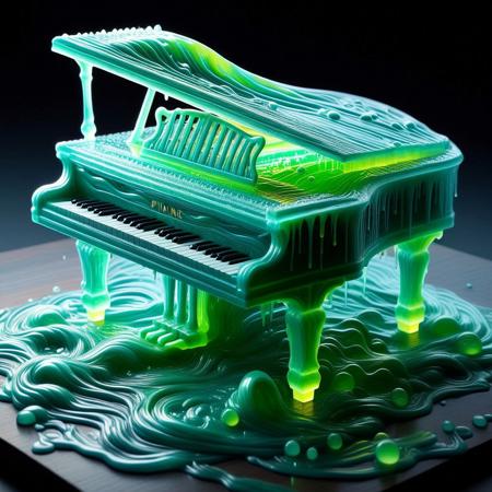 piano made of slime, sfw, atmospheric, cinematic, ultra realistic photography, best quality, high res, masterpiece, perfect lighting