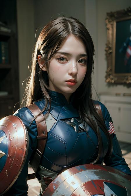 (masterpiece), best quality, perfect face,1girl, the captain america armor suit, <lora:Jiwoo_NMIXX-02:1>