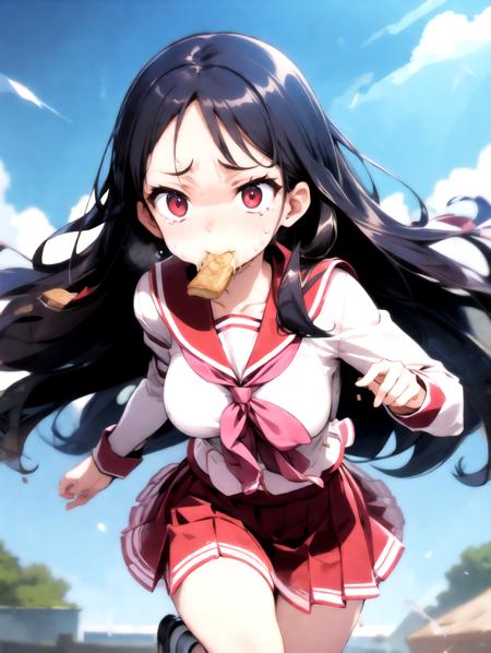 absurdres, highres, ultra detailed, cowboy shot,  solo, megami magazine, diagonal view, 
1girl, mature female, THserafuku, pleated skirt, forehead, black hair, long hair, red eyes, large breasts, bouncing breasts, disheveled hair, bouncing hair, holding bag, school bag,  (running:1.2), tears, teardrop, sweat, (food in mouth :1.3), food, (bread slice:1.4),  hawawa, flying sweatdrops, flying teardrops, wristwatch, 
(motion blur, motion lines:1.3), manga, dynamic angle, dynamic pose, fisheye, 
outdoors, morning, ray tracing, depth of field, perfect hands, 
<lora:THserafuku_v13:1> 
<lyco:envybetterhandsLocon_beta2:0.9>
<lora:flat2:-0.5> <lora:flatBG:1> <lora:silhouette_v10:-0.6> <lora:hawawa:0.8>