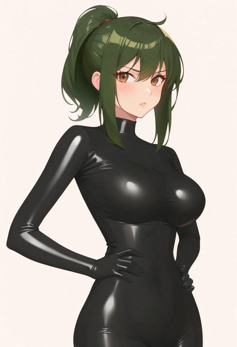 Masterpiece, High quality, anime, single, solo, 1girl, Oc, adult, tall, Agent spy woman, 1girl, tall, green ponytail hair, Black skintight latex bodysuit, full Black skintight latex gloves, brown eyes, green ponytail hair, Black Latex skintight bodysuit, all black shiny latex suit, long zipper on center of suit, shiny Black latex skintight elbow gloves, shiny Black latex skintight thigh boots, gadget belt on waist, serious face expression, hands on hip, White background