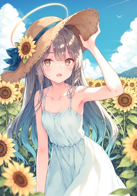 hiten \(hitenkei\),rurudo,score_9, score_8_up, score_7_up, masterpiece,best quality, newest,
1girl, looking at viewer,halo,blush,open mouth,bangs,bow,hair between eyes,bare shoulders,very long hair,standing,collarbone,yellow eyes,:d,small breasts,outdoors,day,white dress,arm up,blue sky,bare arms,petals,leaning forward,sleeveless dress,depth of field,leaf,white skirt,hat ribbon,cloudy sky,sun hat,blurry foreground,yellow flower,brown headwear,straw hat,sunflower,hand on headwear,sundress,