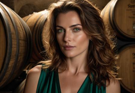 Porto Wine Cellar Elegance**  
*A hyper-realistic portrait of a 35-year-old woman (sun-kissed skin, bright green eyes, tousled light brown hair) in a Porto wine cellar, her delicate features lit by golden streaks through oak barrels. Her high cheekbones and narrow jawline catch the light as she sips ruby port, wearing an emerald silk dress. Skin details—pores, faint wrinkles—are rendered flawlessly. Canon EOS R5, 50mm f/1.2, 8K. Style: Peter Lindbergh’s moody contrasts.*