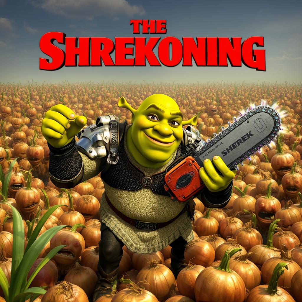 3d cartoon of shrek wearing power armor and holding a chainsaw as he fights off hordes of angry onions in the middle of an onion field. The bold red movie title "The Shrekoning" is at the top of the image.