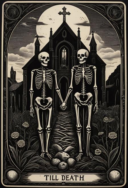 Tarot card with the words "Till Death" at the bottom. Two skeletons stand together. One male and a smaller female. Both wear tattered Victorian clothing. They hold hands standing side by side. Both look at the viewer.  Desolate graveyard. Ruined church in the background. Black. High contrast. Ornate border. faded frayed edges. Linocut. monochrome linocut. tarot_card