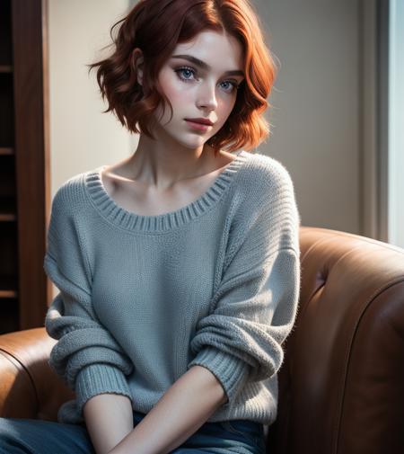 photo of 1girl person, young:1.3 , hair red short bob, photo,8k,sharp focus, face beautiful, Best quality, masterpiece, ultra high res, (photorealistic:1.4), raw photo, cinematic lighting, pullover shirt blue