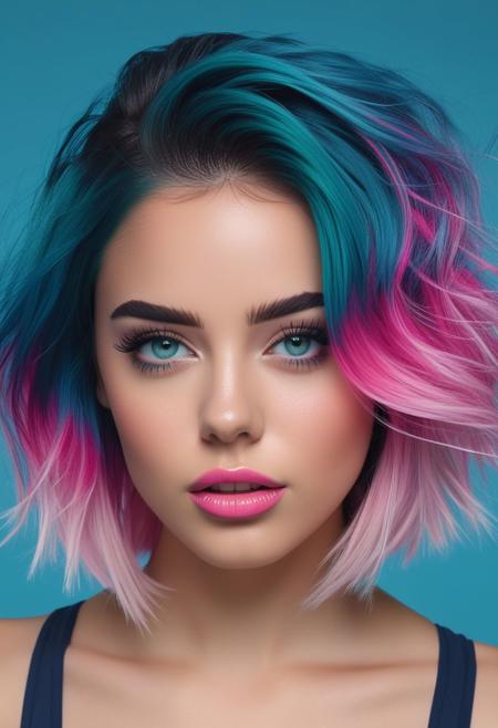 The image depicts a digital portrait of a young woman with striking features. Her hair is styled in a shoulder-length cut with vibrant pink and blue ombre coloring. Her eyes are a piercing blue-green color with long lashes, and she has full, slightly pouty lips.
The woman has a fair complexion and her expression is neutral yet captivating. She is wearing a simple blue tank top against a plain blue background, allowing her bold hair color and facial features to be the focal point.
The overall style of the portrait has a highly realistic and polished digital painting or 3D rendering aesthetic, showcasing exceptional attention to detail in capturing her delicate features and hair texture. The vibrant, almost unnatural hair color adds a touch of fantasy or surrealism to the image.,
JuggernautNegative, Movie Still, Film Still, Cinematic, Cinematic Shot, Cinematic Lighting,
