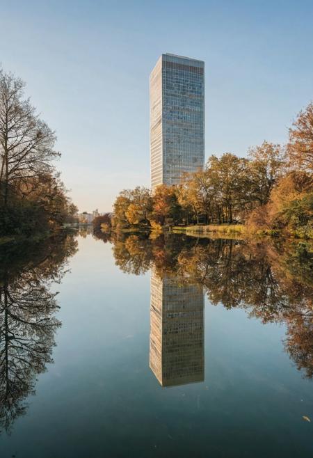 Simplify a busy cityscape by focusing on the reflection of a solitary skyscraper in a calm, still pond, emphasizing the harmony between urban development and nature.