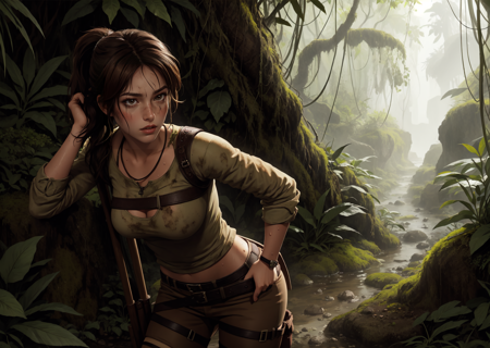 1girl, woman, Lara, brown hair, short ponytail, cowboy shot, medium breasts, dirty, scar, quiver on back, sweaty, temple, moss, grunge, satchel, holster, jungle, facing viewer, <lora:LaraCroft-05:1><lora:LaraCroft-05:1>