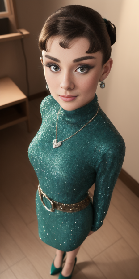 ((AudreyHepburn)), mj3d style,3dmm,3d,((full body shot:1.3)), bokeh:1.2, indoors, a beautiful woman, (standing), (evening dress with turtleneck), feet, (high-heels), looking at viewer,((necklace)), (22 years old woman), medium breast, small waist, (green eyes, beautiful eyes), beautiful face, perfect illumination, beautiful detailed eyes, looking at viewer, stunningly beautiful woman, detailed hairstyle,  good hands,  detailed hands, good feet, (8k, RAW photo, best quality, masterpiece:1.2), (realistic, photo-realistic:1.37), ultra high res, photon mapping, radiosity, physically-based rendering, (ambient light:1.3), (cinematic composition:1.0),professional soft lighting, light on face,