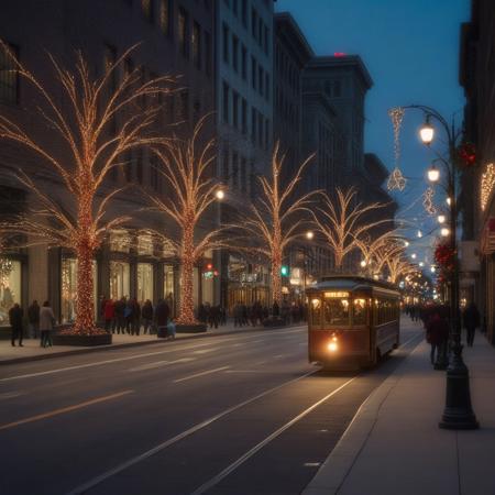 early evening, downtown with Holiday Decorations, storefronts are decorated for holidays, Trolly heading into downtown, people on the sidewalks looking into windows