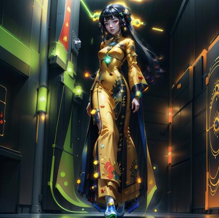 1 girl, solo, aodai cyber, straight hair, (masterpiece, ultra high res:1.6), fullbody, long dress, walking
 <lora:3cyber_aodai-08:0.65>