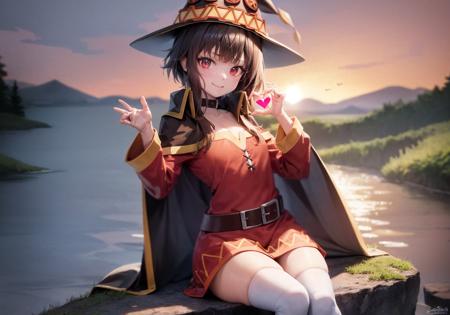 masterpiece,best quality, (Highest picture quality), (Master's work),(8K wallpaper),
extremely detailed, perfect lighting,highres,reality ray tracing,
1girl,Megumin,megumin's style,sunset,cape,hat
smile,(heart hands:1.2),sitting on stone,forest,river,butterfly,mushroom
 <lora:Megumin_V1.0-000006:1>