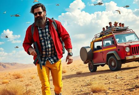 The image shows a man with a long beard and sunglasses walking in a desert-like landscape. He is wearing a red jacket, yellow pants, and a black and white checkered shirt. He has a backpack on his back and is holding a gun in his right hand. In the background, there are several helicopters flying in the sky. On the right side of the image, there is a red car with a yellow roof and a group of people on top. The sky is blue with white clouds and there are a few birds flying around. The overall mood of the scene is adventurous and adventurous.