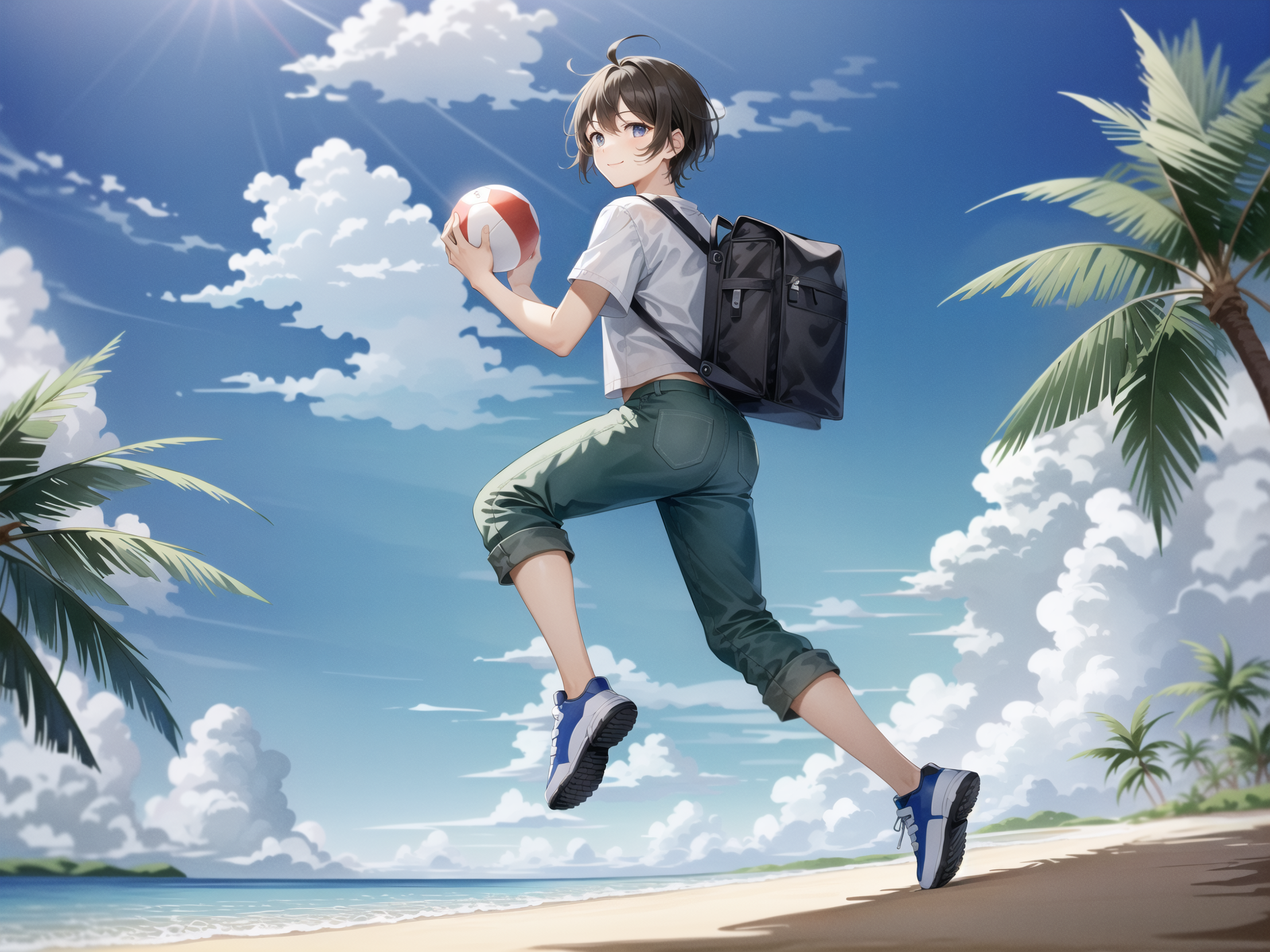 highres, ultra detailed, fantasy, masterpiece, best quality, A boy is running, smile, Short sideburns, closed mouth, Back ...