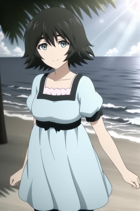 (masterpiece), high quality, (detailed background), 1girl, solo,
<lora:SteinsGateMayuri-v1-06:0.7>, ChopioMayuri, grey eyes, (looking at viewer:1.3),
black hair, short hair,
outfit_1, blue dress, black bow, puffy short sleeves, bike shorts, shorts under dress,
 smile,
beach, ocean, sunny, lens flare, sun beams, sun diffraction,