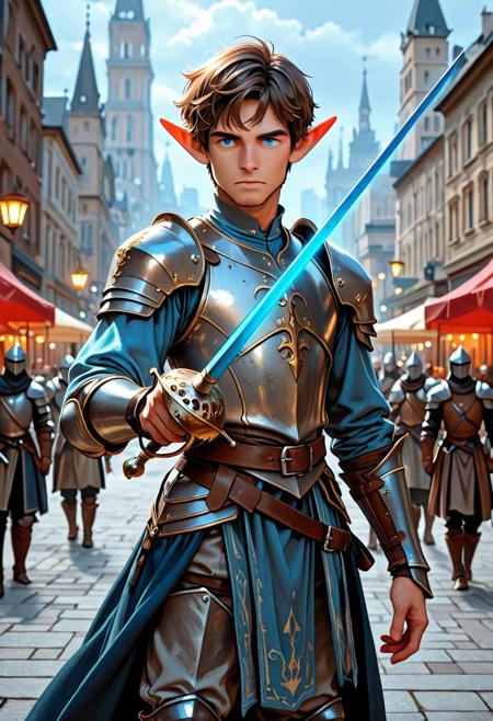 score_9_up, score_8_up, score_7_up, score_6_up. masterpiece, best quality, good quality, very aesthetic, absurdres, semirealism, RapierXL, fantasy, 8K, depth of field, focused subject, Elf knight:1.3, 19yo male, androgynous, pointed ears, short brown hair, male haircut, blue eyes, wearing detailed armor, knight's armor, he is standing, holding sword, rapier, weapon, blue glowing sword, city park