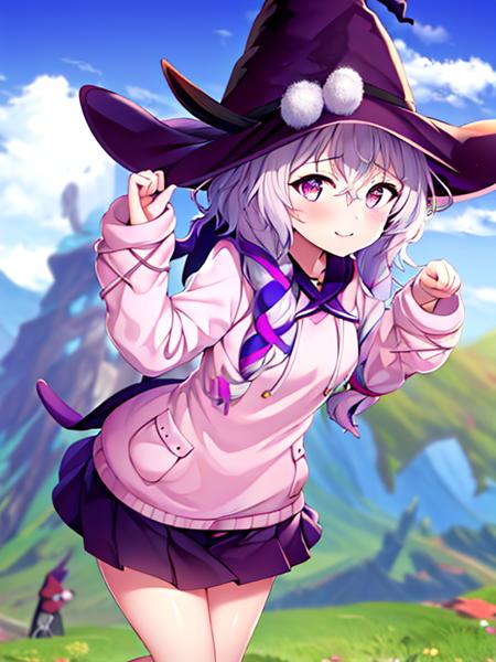 masterpiece, best quality, highres, 1girl,  <lora:Midori3-000007:1>, bbmidori, sweater, skirt, witch hat, paw pose, happy, standing, blue sky