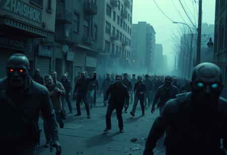 photo , Film Still, Cinematic ,Blanco Brown - 7 days to die, Zombies hoard attack suriviors, urban decay, glowing eyes, in every shadow death does embark