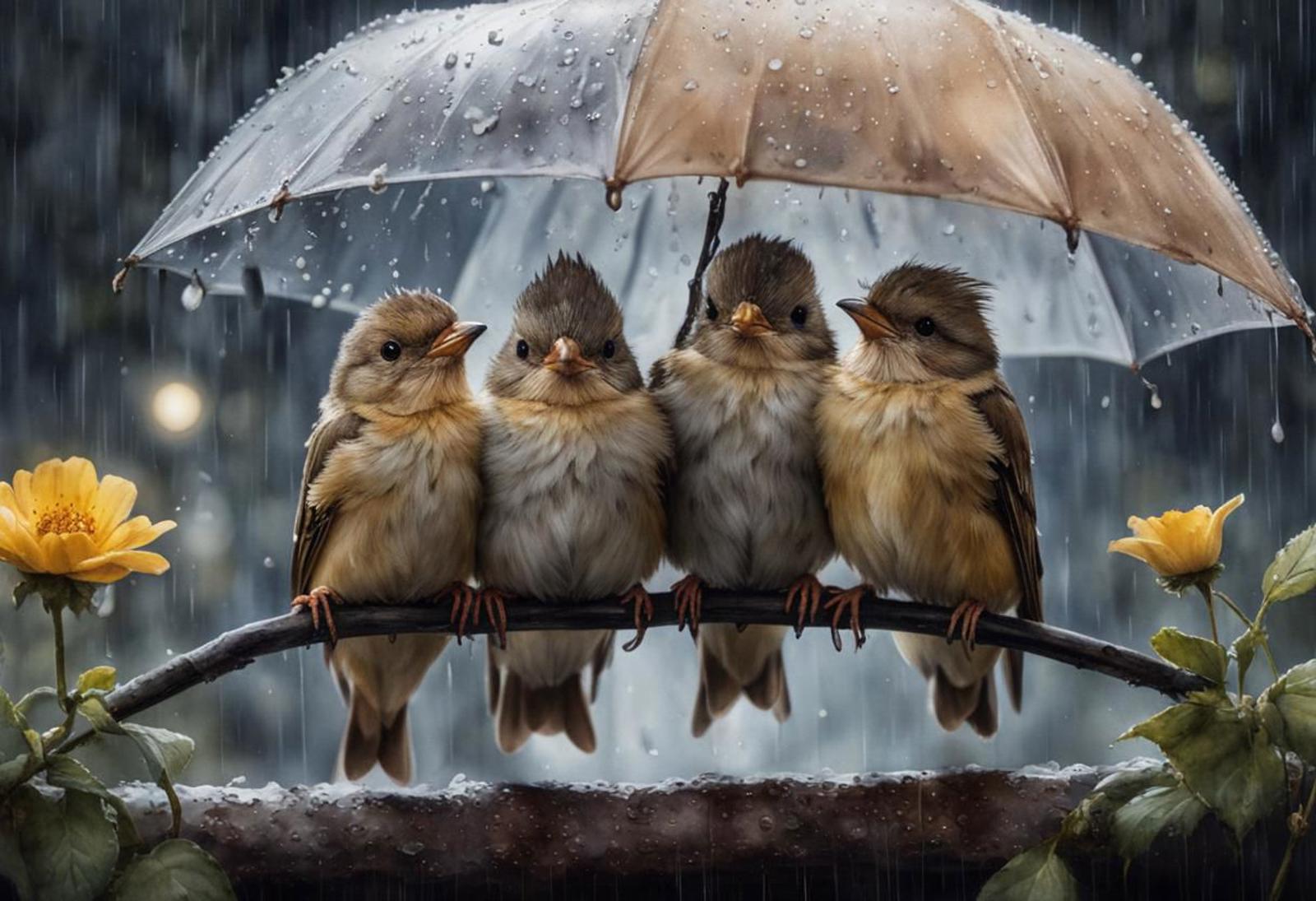 Three Baby Birds Perched Together Under an Umbrella in the Rain