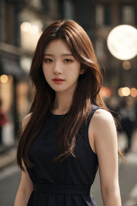 ((upper body:1.2)), nikon RAW photo, 8 k, long hair, Fujifilm XT3,masterpiece, best quality, realistic, photorealistic, ultra detailed, extremely detailed face, solo,1girl, standing, fashionable and trendy atmosphere, and a stylish expression on her face, close up, black dress, walking, at the dark streets, moonrise, sleeveless, fabric clothes,<lbm=FACES>