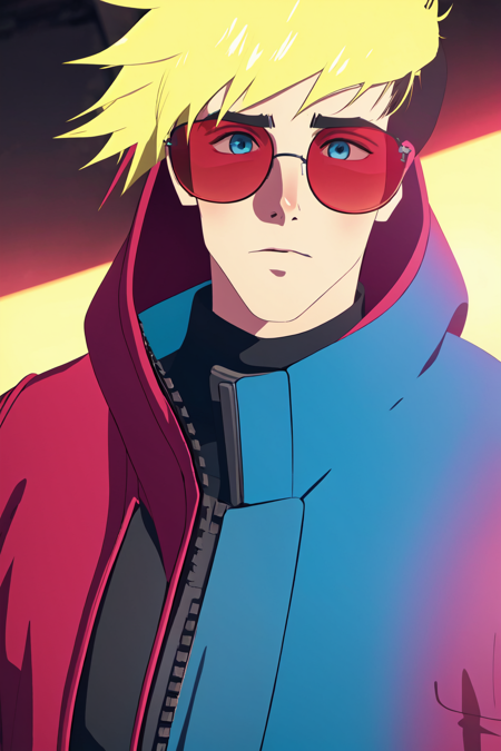 Blonde hair, <lora:trigun_stampede:1>, trigun artstyle, 3d, ultra  detailed, cgi, spiky hair, red coat, mature male, upper body, realistic, sunglasses, blue eyes, blue effects,