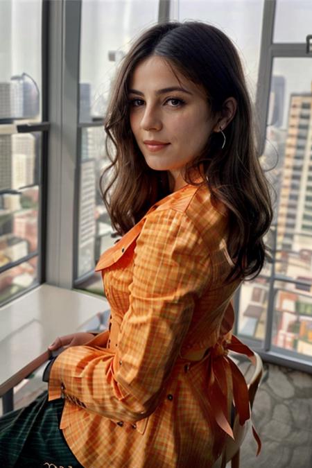 wearing a business suit, orange blouse,  birthday party  <lora:Monica1873Bar:1> a woman, m1873b, solo,