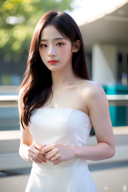 Best quality, masterpiece, ultra high res, (photorealistic:1.4), raw photo,1girl, solo, realistic, (looking at viewer), upper body,simple background, bare shoulders, <lora:makina69_minji_v2.1:1>, white dress