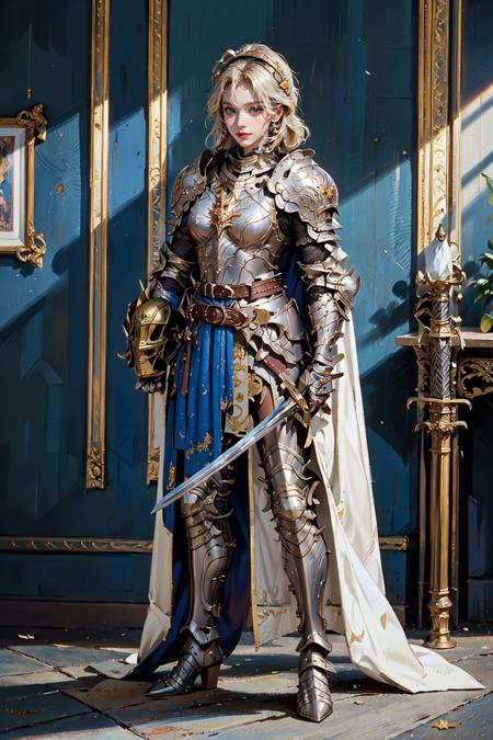 (masterpiece:1.2, best quality), (photorealistic:1.2, intricate details), Sword_Helm, 1girl, solo, looking at viewer, seductive smile, blush, standing, boots, belt, sword, cape, armor, holding sword, shoulder armor, gauntlets, pauldrons, knight, castle, ((holding helmet)) <lora:Sword_Helm-15:0.6>