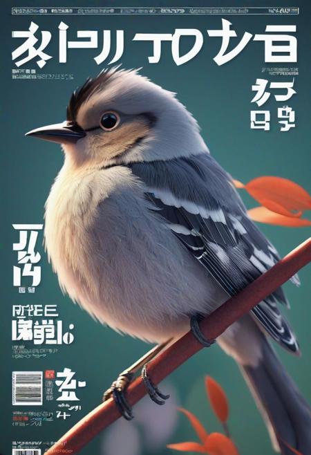 magazine cover, japanese text, bird, clos-up, 3D animation style, hires, 4k,
