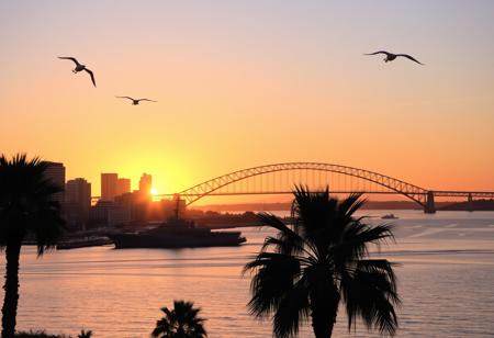 A beautiful sunrise in San Diego, California, with the warm golden light reflecting off the calm waters of San Diego Bay. The skyline is silhouetted against the vibrant hues of the morning sky, with the iconic Coronado Bridge arching gracefully across the scene. In the foreground, the historic ships of the USS Midway Museum are faintly visible, while palm trees gently sway in the soft breeze. Seagulls soar through the air, adding to the tranquil and picturesque atmosphere of the awakening city.
