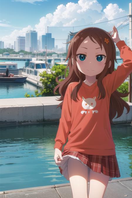 riko saikawa, long hair, brown hair, (green eyes:1.3), hair flower, hair ornament, flower, skirt, shirt, long sleeves, red skirt, white socks, green shirt,