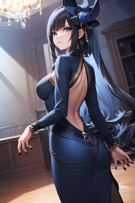 (masterpiece:1.2, best quality), (finely detailed beautiful eyes: 1.2), (extremely detailed CG unity 8k wallpaper, masterpiece, best quality, ultra-detailed, best shadow), (detailed background), (beautiful detailed face, beautiful detailed eyes),  evelynv2, blue skirt, nail polish ,black nails, pantyhose, dress, blue dress, hat, jewlery, blue hair, blue eyes, ,High contrast, (best illumination, an extremely delicate and beautiful),1girl,(simple backround, indoors, formal event, front on), dynamic angle,beautiful detailed glow,