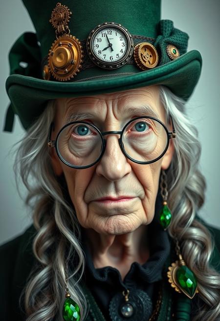 Steampunk portrait. Layout: Close-up shot. Subject: An elderly person with fair skin and long, wavy grey hair, wearing a green top hat adorned with intricate brass gears, a clock, and green fabric. The person has striking blue eyes and wears unique, ornate glasses with a leaf-like design. The attire includes green and black clothing with large, green gemstone accessories. The background is a soft, light gradient, keeping the focus on the subject's detailed and expressive facial features.