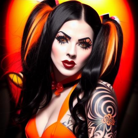 trixy_treats, ((((beautiful face)))), ((perfect face)), deliberate, masterpiece, best quality, highest quality, cinematic lighting, very beautiful, ultra realistic, tattoos, tattooed, beautiful, black dress with orange vertical stripes,