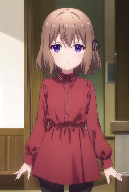 mafuyu hoshikawa, short hair, bangs, brown hair, ribbon, (purple eyes:1.1), hair ribbon, black ribbon, long sleeves, dress, pantyhose, black pantyhose, brown footwear, black pants, red dress, skirt, shirt, thighhighs, gloves, short sleeves, pleated skirt, puffy sleeves, white gloves, apron, white thighhighs, puffy short sleeves, zettai ryouiki, waist apron, white apron, waitress, (yellow skirt:1.2), (yellow shirt:1.2), head scarf,