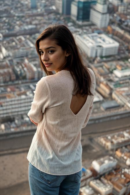 extreme high angle of cleavage from behind and nipples from above, candid amateur photo (pakistani woman:1.1), (ss_highangle:1.2), from behind, (from above:1.1), pov, dynamic angle, look back,  (high angle:1.4), <lora:DollFaceTurn_v2:1> (view over shoulder:1.2), (view down blouse:1.3), (view from above at cleavage:1.3), knowing smile, downblouse, london, cityview, iconic skyline, , <lora:add_detail:0.5>, <lora:real_skin:0.7> (dark:0.8) skin,, RAW photo, 8k uhd, dslr, soft lighting, high quality, film grain, Fujifilm XT3, lr