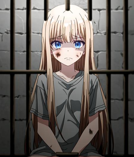 Mia long hair, solo, 1girl, dark ,  in jail ,  grey t-shirt, prisoner, [screenshots::0.2], sitting, dirty, sad , facing viewer
 <lora:tearmoon_ep01_lohad8_attn-mlp:0.9:0.95>